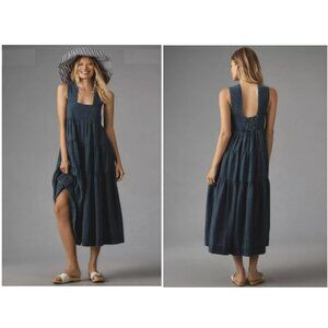 ANTHROPOLOGIE Helena Square-Neck Tiered Midi Dress Smocked Denim